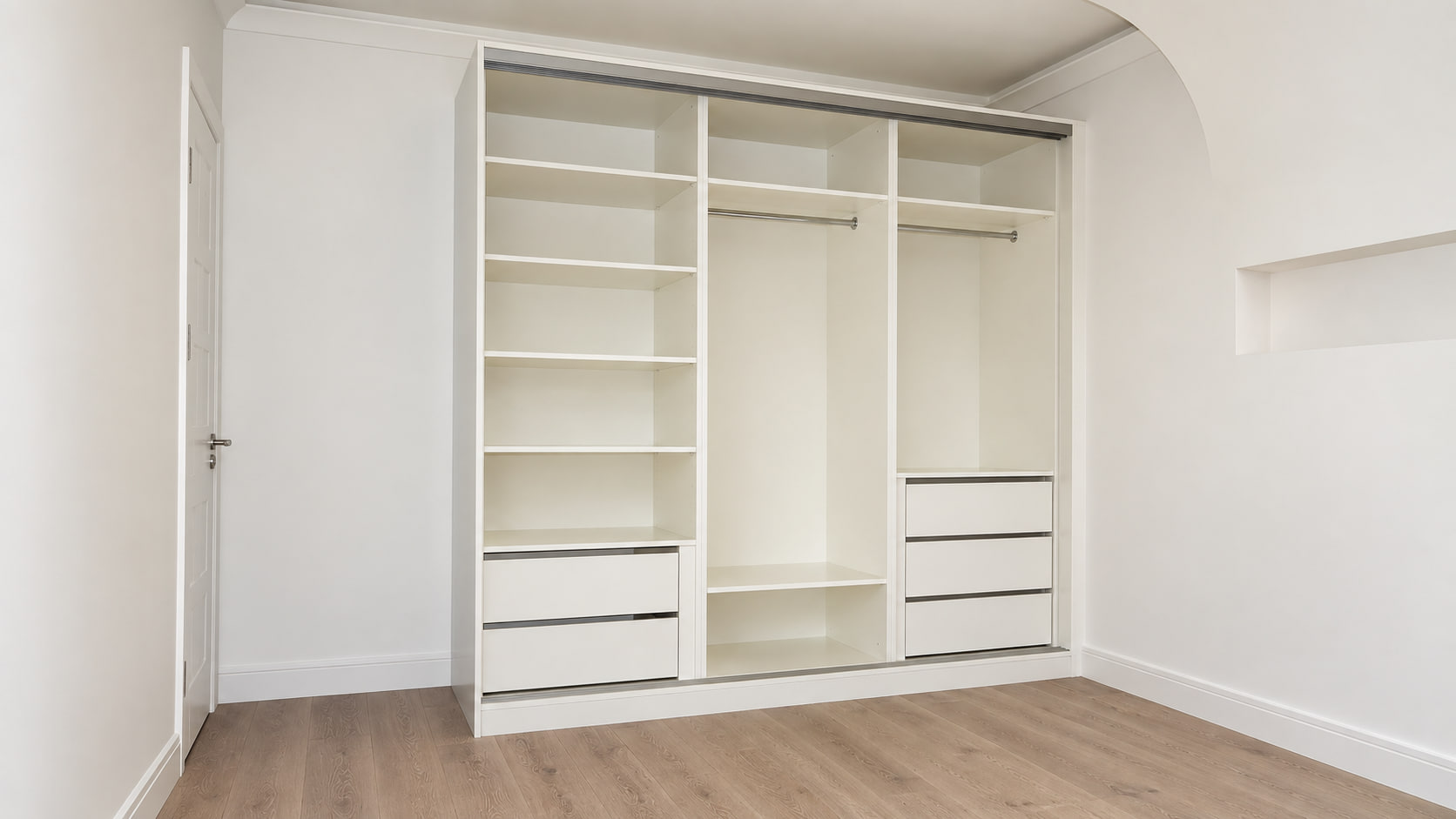 Open sliding fitted wardrobe internal layout with shelving, two hanging bays and integrated drawer units
